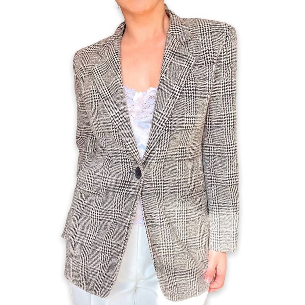 Vintage Clifford Willis Petite Neutral Houndstooth Plaid Blazer